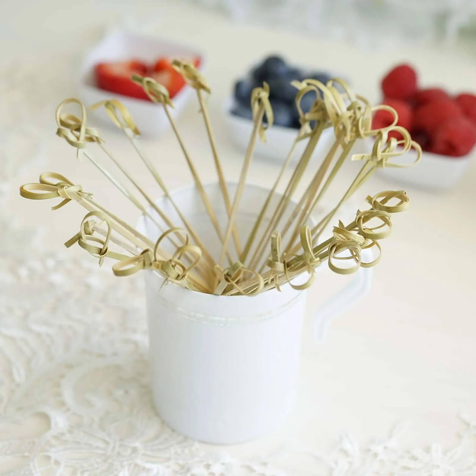 100 Pack Eco Friendly Twisted Knot Bamboo Skewers Party Picks, Decorative Top Cocktail Sticks - 6"