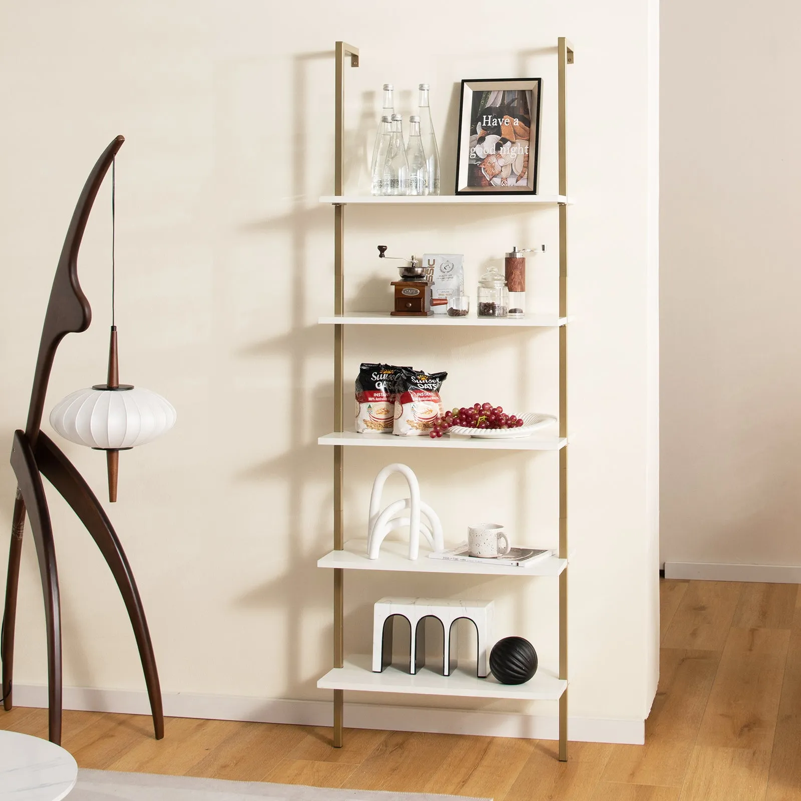 5 Tier Ladder Shelf with Steel Frame for Living Room Bedroom Office White &amp; Golden