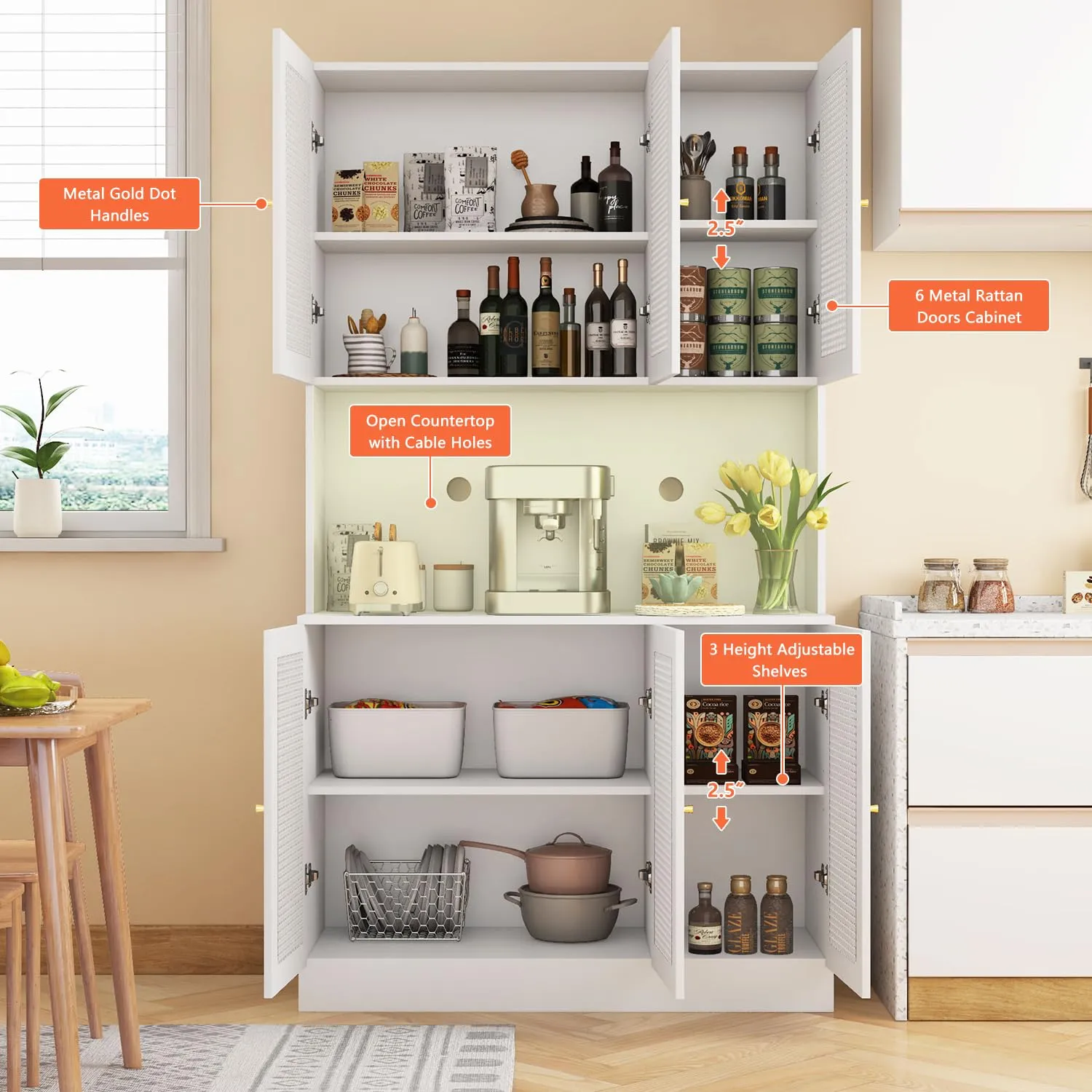 70"Tall Freestanding Metal Rattan Cabinet Kitchen Pantry Cabinet with 6 Doors