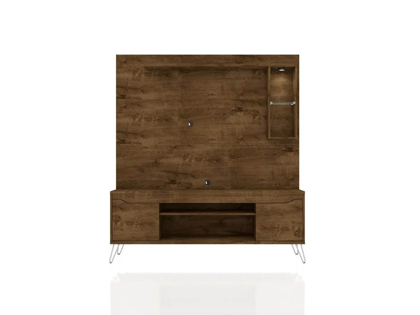 Baxter 62.99 Freestanding Mid-Century Modern Entertainment Center with LED Lights and Décor Shelves in Rustic Brown