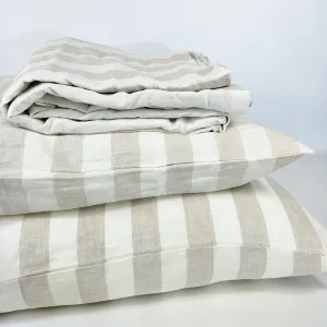 Bed Linen Pure French Linen Quilt Cover   2 Pillow Cases Natural Stripe