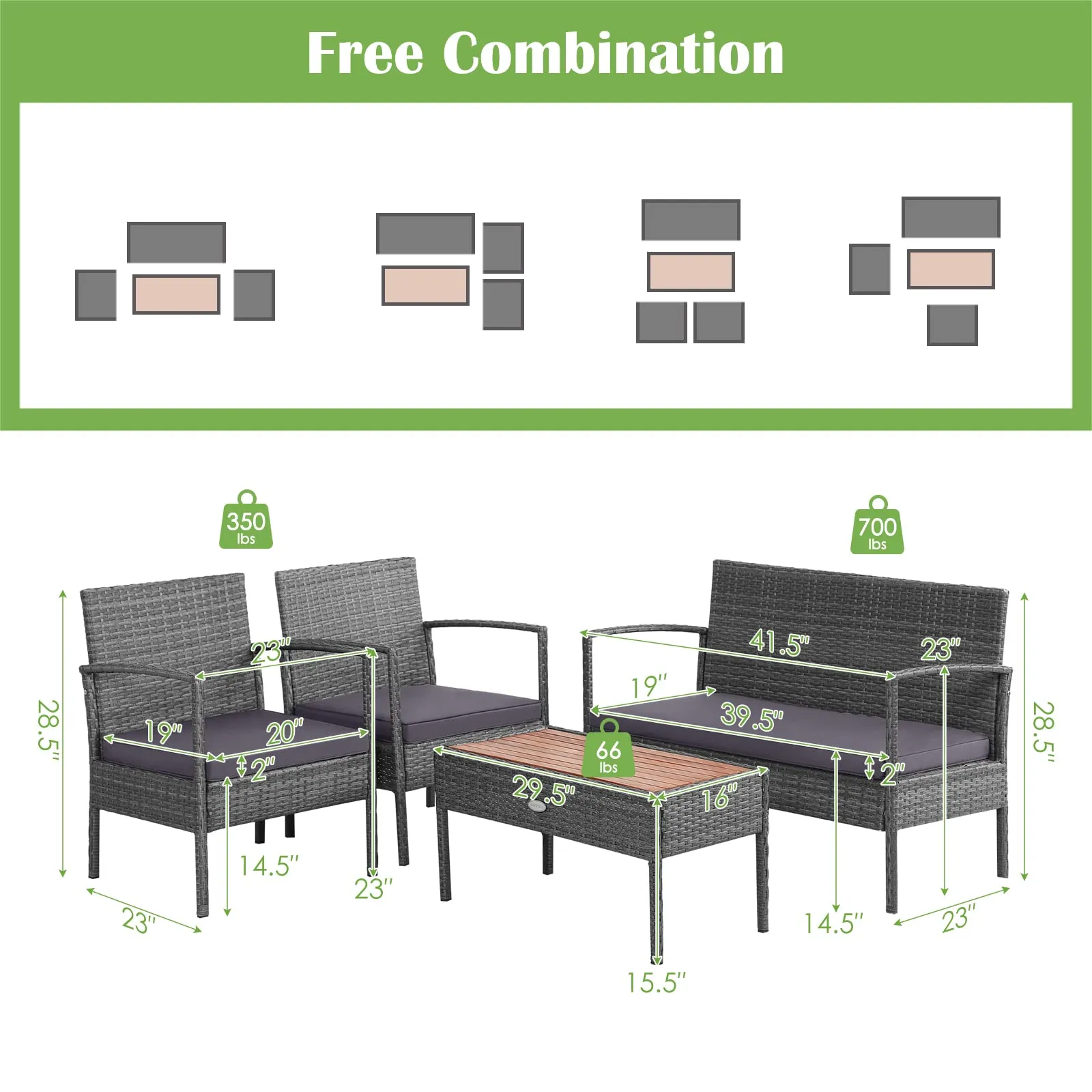 Outdoor Wicker Sofa Set W/Seat Cushions, Heavy-Duty Steel Frame, Garden